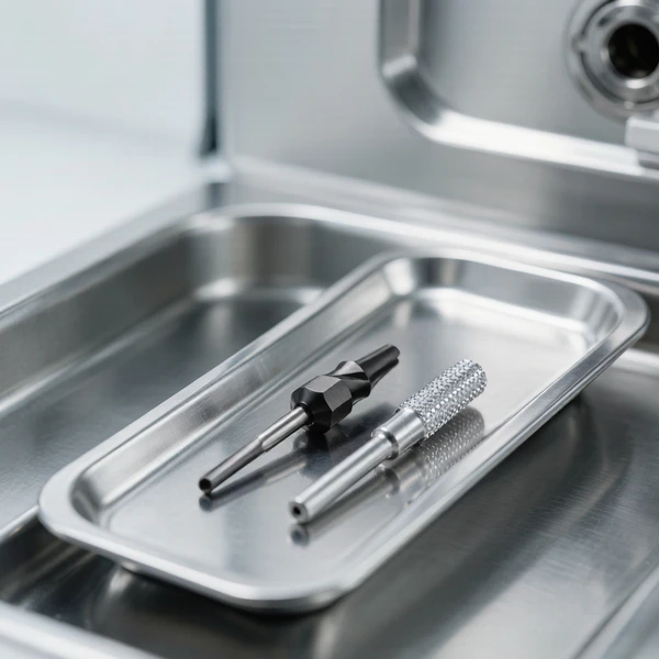 Carbide and diamond nail drill bits in a stainless steel sterilization tray, ready for autoclave-safe maintenance