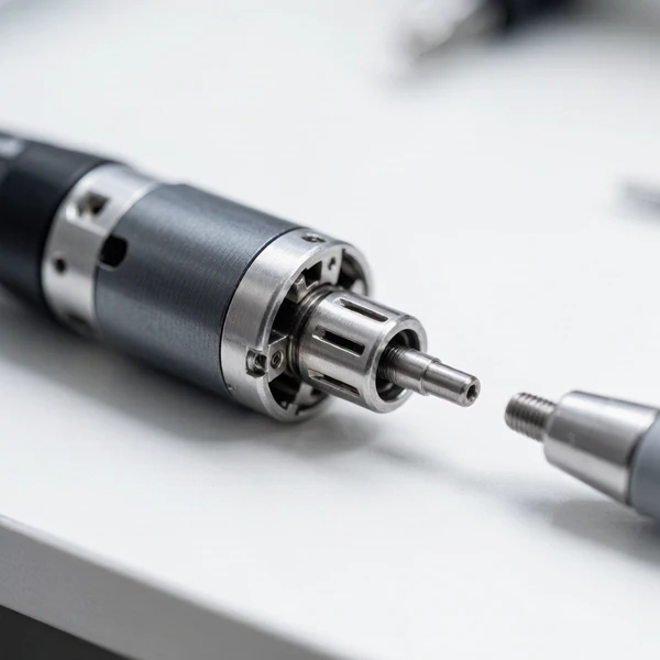 Disassembled electric nail file handpiece showing motor and collet, illustrating the impact of precision shaft tolerances