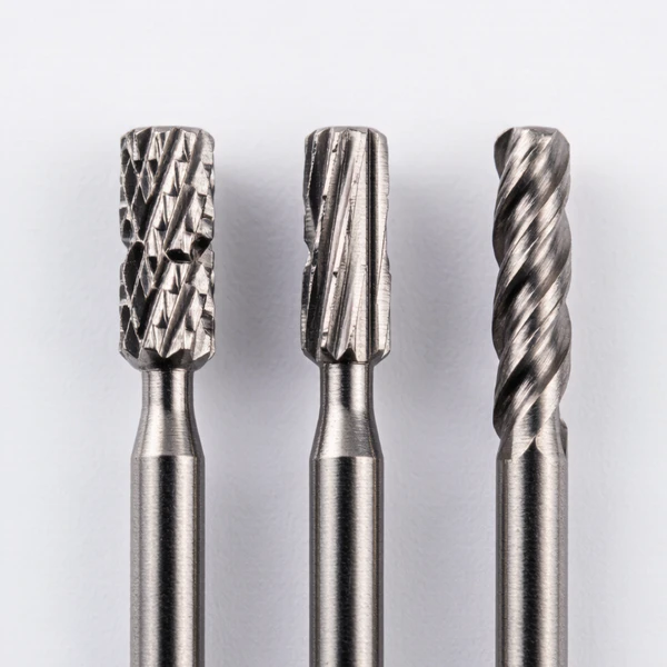 Three carbide nail drill bits with cross-cut, single-cut and spiral flute patterns compared side by side